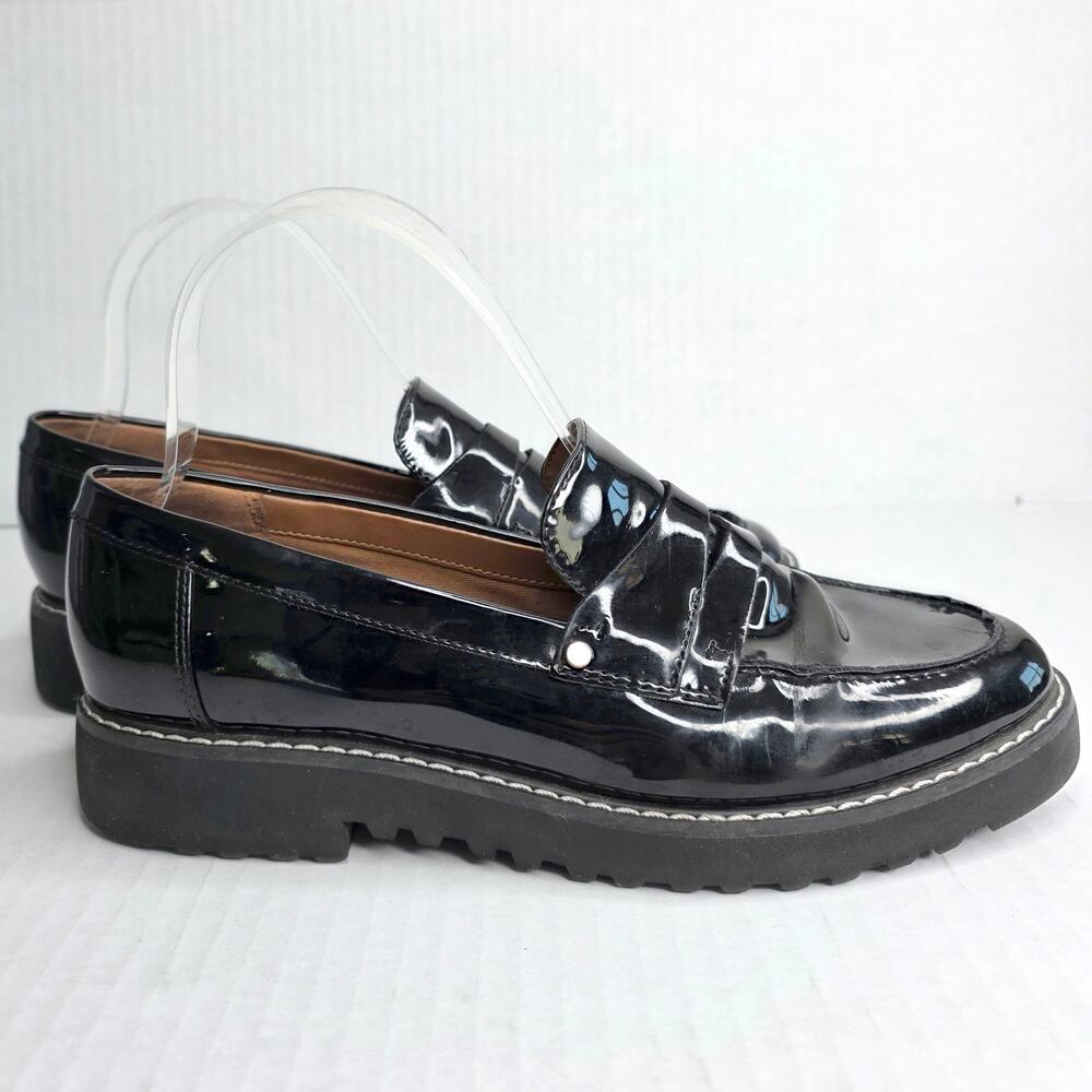 Franco Sarto Black Patent Chunky Lug Sole Penny Loafers Platform Size 7 Slip On - Picture 9 of 11